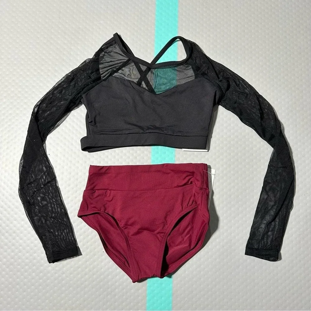 Baltogs Elegant 2 piece Kids Dance Costume in Black and Burgundy CM NEW